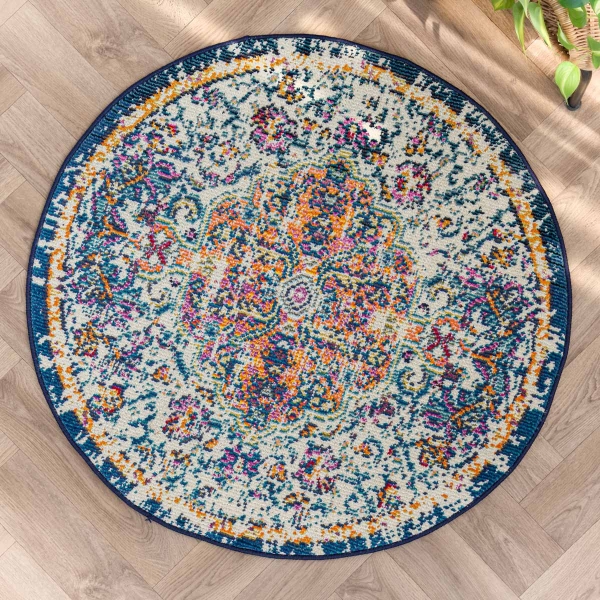 Art Fiona 100 x 100 cm Round Zymta Winter Carpet - Beige / Orange / Navy Blue / Mustard