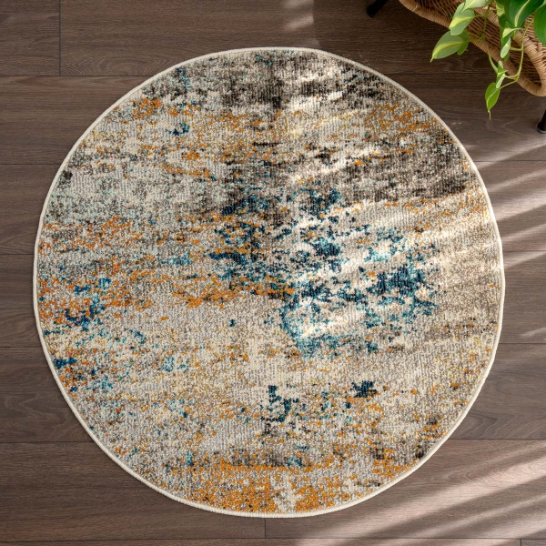 Art Mavi 100 x 100 cm Round Zymta Winter Carpet - Stone / Orange / Beige / Navy Blue