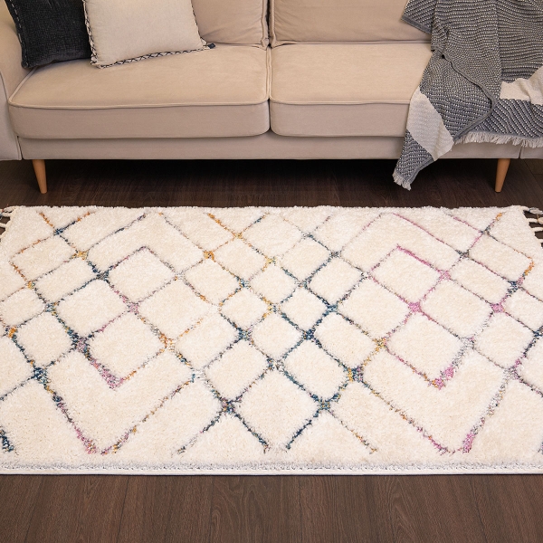 Barcelona Shag 80 x 150 cm Zymta Winter Carpet - Navy Blue / Cream / Pink / Yellow