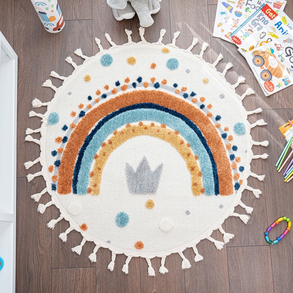 Katy Rainbow 3D Print 100 x 100 cm Round Zymta Winter Carpet - Cream / Turquoise / Orange / Mustard