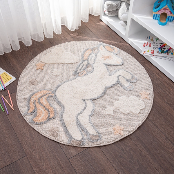 Cloud Unicorn 3D Print 100 x 100 cm Round Zymta Winter Carpet - Beige / Bluish Grey / Salmon / Cream