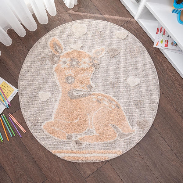 Cloud Gazelle 3D Print 100 x 100 cm Round Zymta Winter Carpet - Grey / Cream / Salmon / Light Brown