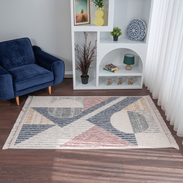 Infinity Geometric Echoes 120 x 180 cm Zymta Winter Carpet - Salmon / Mustard / Navy Blue / Cream