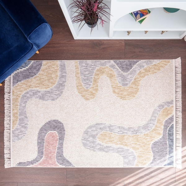 Infinity Abstract Waves 80 x 150 cm Zymta Winter Carpet - Salmon / Mustard / Cream / Grey