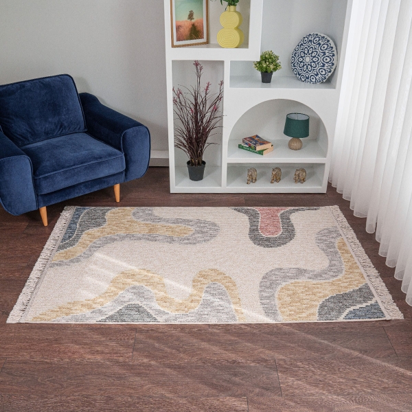 Infinity Abstract Waves 120 x 180 cm Zymta Winter Carpet - Salmon / Mustard / Cream / Grey