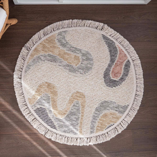 Infinity Abstract Waves 100 x 100 cm Round Zymta Winter Carpet - Salmon / Mustard / Cream / Grey