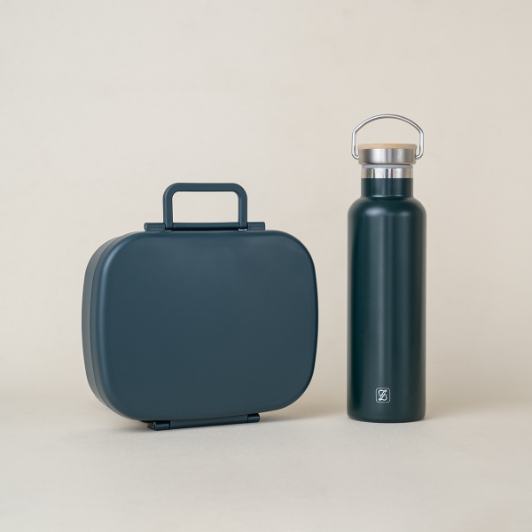 2 Pieces Eco Friendly Stainless Steel Bottle And Plastic Lunch Box - Dark Green / Anthracite