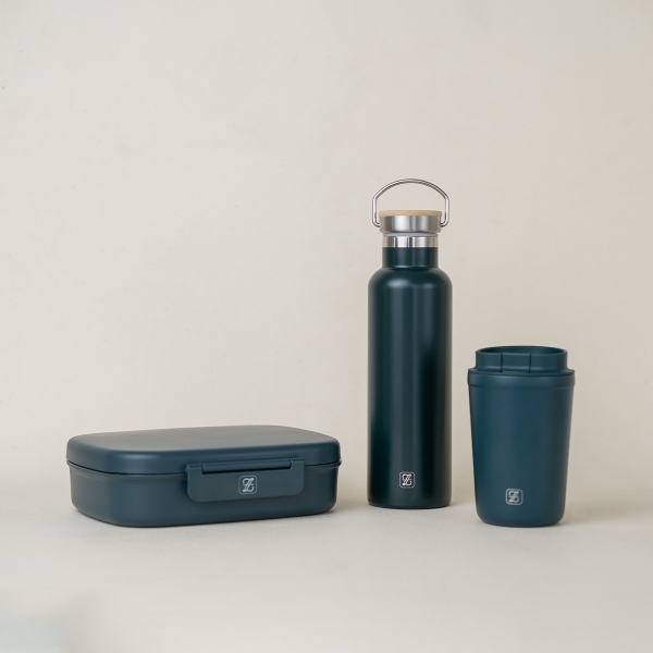 3 Pieces Zymta Vacuum Mug Eco Friendly Stainless Steel Bottle And Plastic Lunch Box - Dark Green / Anthracite