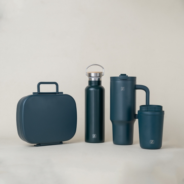 4 Pieces Zymta Vacuum Mug Eco Friendly Stainless Steel Bottle And Plastic Lunch Box - Dark Green / Anthracite