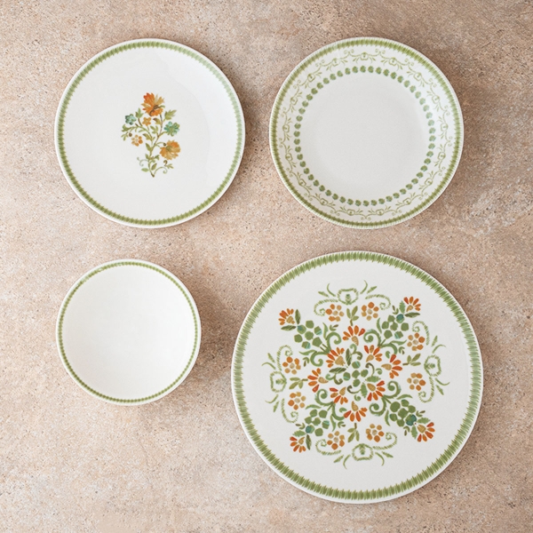 24 Pieces Snow Porcelain Dinner Set - Light Green / Cream / Mustard / Orange