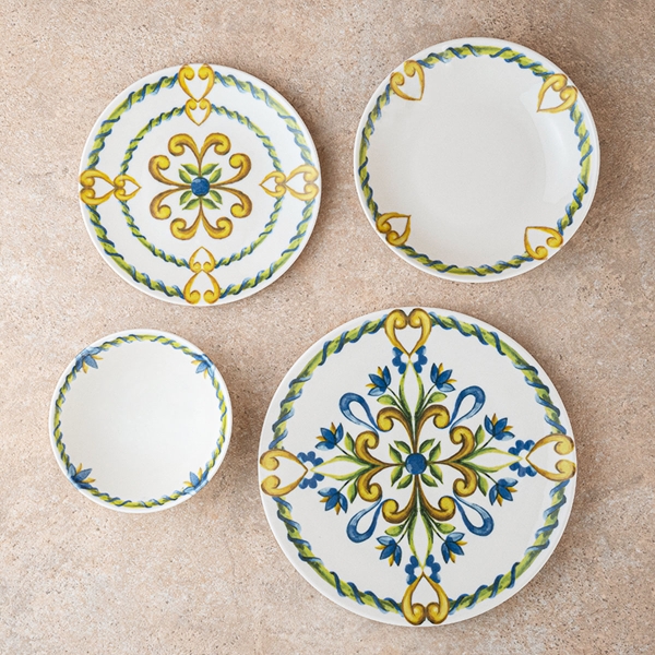 24 Pieces Snow Porcelain Dinner Set - Indigo / Green / Mustard / White