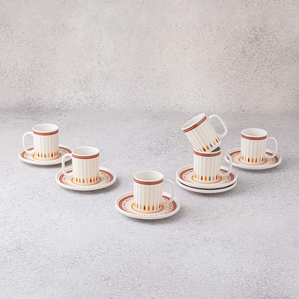 6 Pieces Linea Porcelain Coffee Cup Set 100 ml - Orange / Claret Red / White / Blue