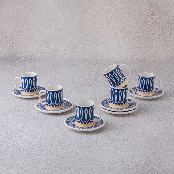 6 Pieces Rhom Porcelain Coffee Cup Set 100 ml - Navy Blue / Gold / White