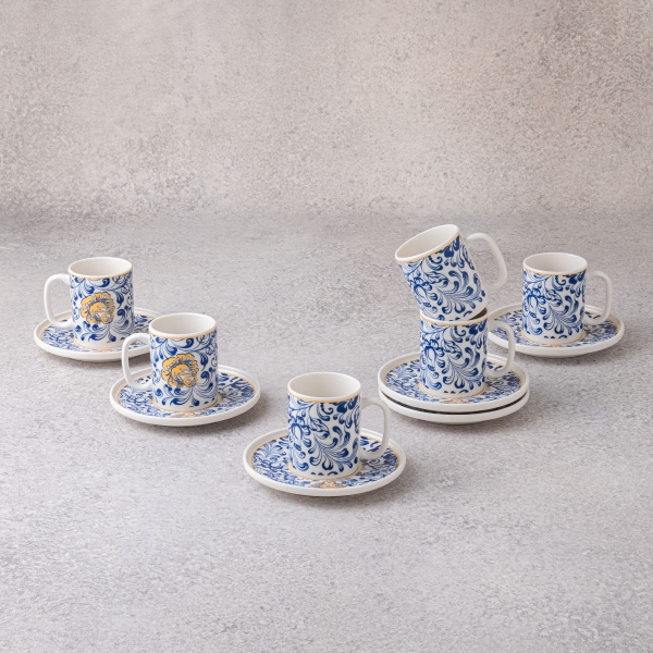 6 Pieces Flora Porcelain Coffee Cup Set 100 ml - Navy Blue / Gold / White