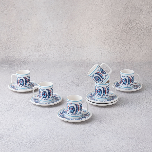 6 Pieces Flora Porcelain Coffee Cup Set 100 ml - Blue / Navy Blue / Red / White