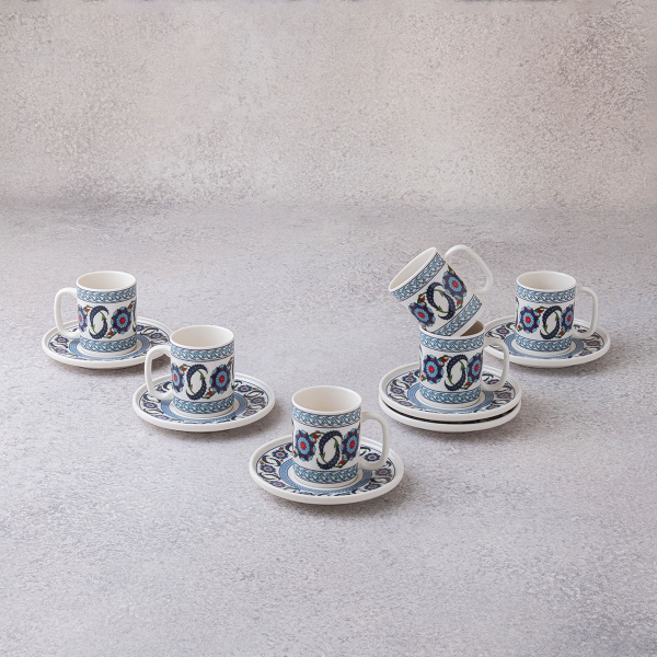 6 Pieces Flora Porcelain Coffee Cup Set 100 ml - Blue / White / Red / Green