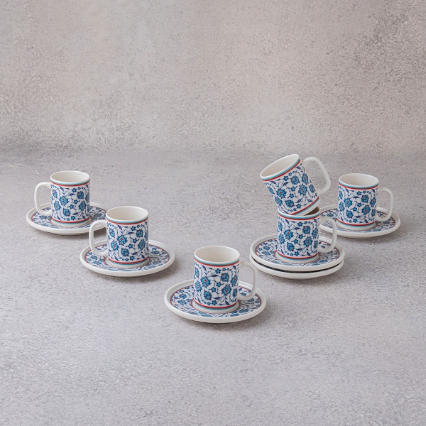 6 Pieces Flora Porcelain Coffee Cup Set 100 ml - Navy Blue / Aqua / White / Terracotta