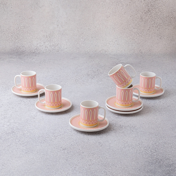 6 Pieces Rhom Porcelain Coffee Cup Set 100 ml - Powder Pink / Gold / White