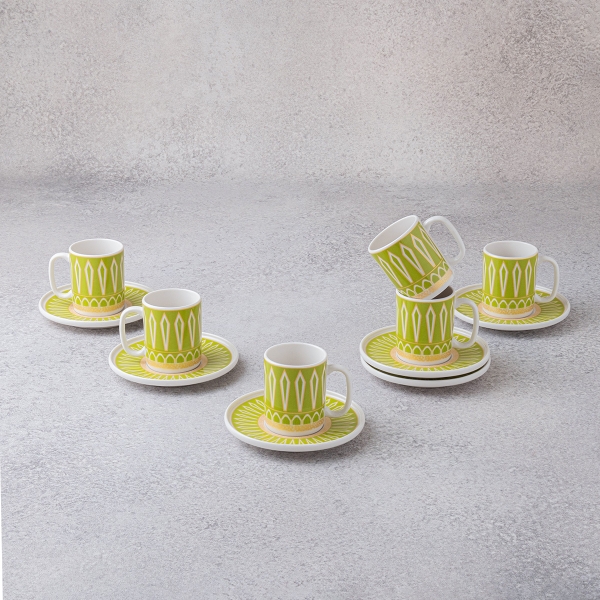 6 Pieces Rhom Porcelain Coffee Cup Set 100 ml - Light Green / Gold / White