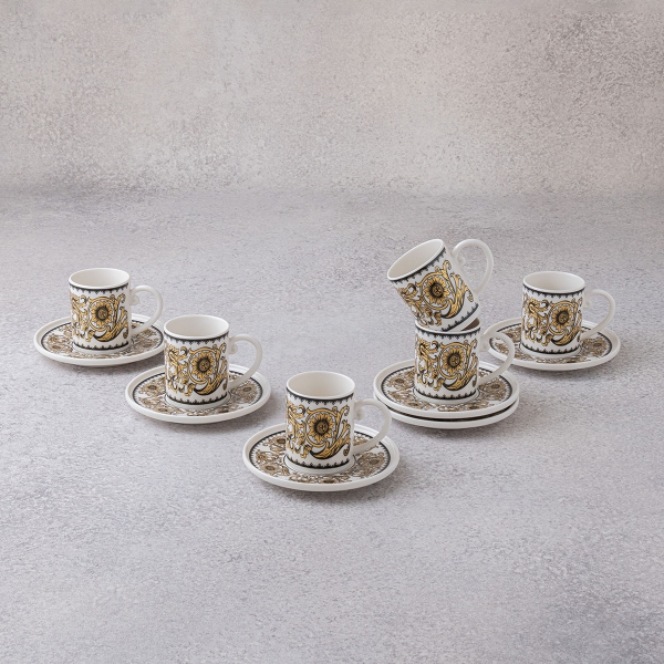 6 Pieces Flora Porcelain Coffee Cup Set 100 ml - White / Gold / Black