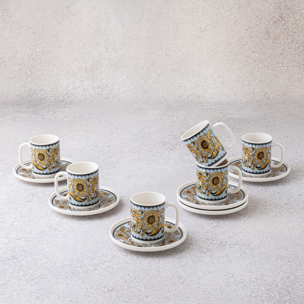 6 Pieces Flora Porcelain Coffee Cup Set 100 ml - Bluish Grey / Gold / Black / White