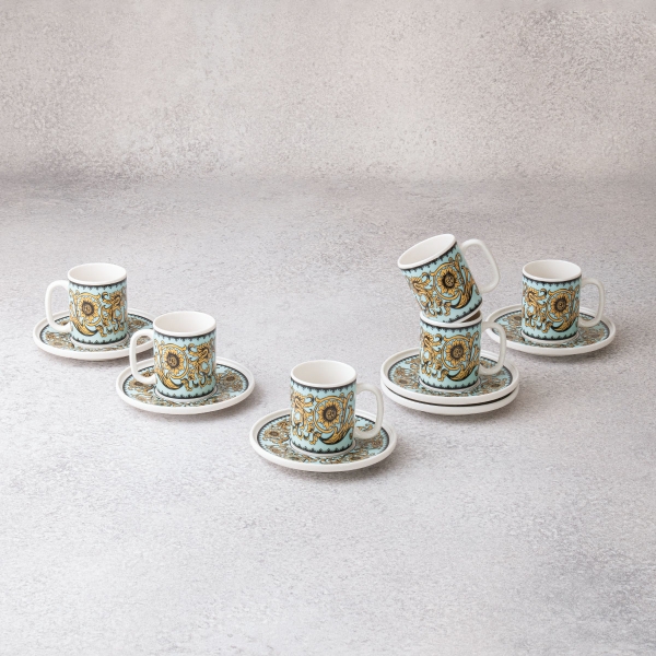 6 Pieces Flora Porcelain Coffee Cup Set 100 ml - Turquoise / Gold / Black / White