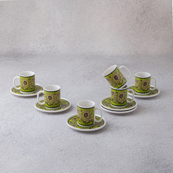 6 Pieces Flora Porcelain Coffee Cup Set 100 ml - Green / Gold / Black / White