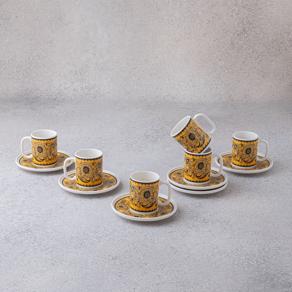 6 Pieces Flora Porcelain Coffee Cup Set 100 ml - Yellow / Gold / Black / White