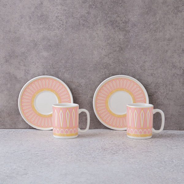 2 Pieces Rhom Porcelain Coffee Cup Set 100 ml - Powder Pink / Gold / White