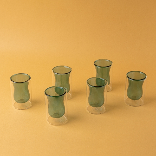 6 Pieces Double Wall Borosilicate Glass Cup 100 ml - Teal Green