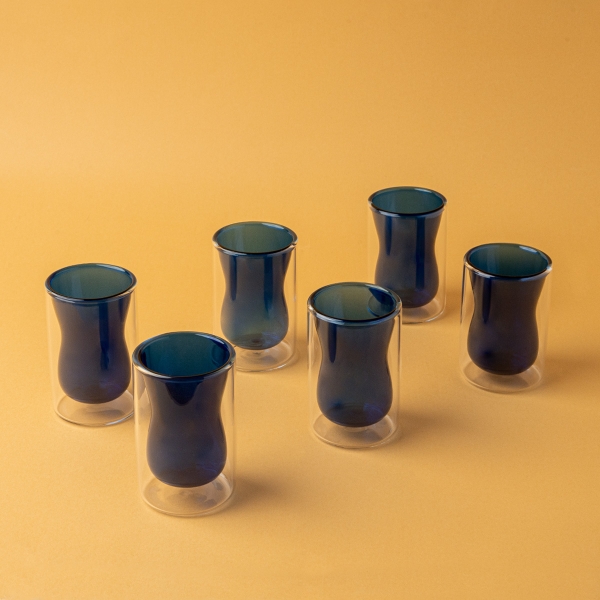 6 Pieces Double Wall Borosilicate Glass Cup 100 ml - Blue