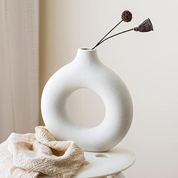 Round Donut Decorative Flower Ceramic Vase 18.4 x 6.6 x 18.9 cm - Light Beige