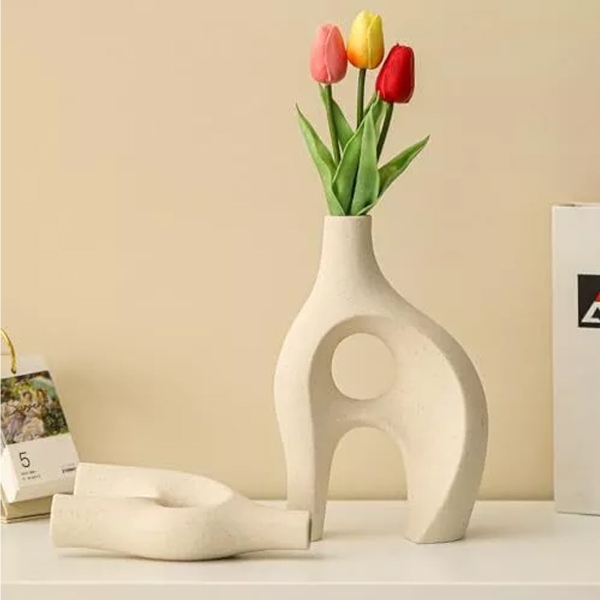 Modern Decorative Flower Ceramic Vase 17.1 x 8.1 x 25.5 cm - Light Beige