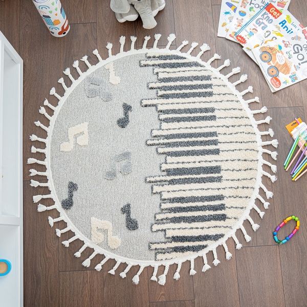 Cloud Piano 3D Print 100 x 100 cm Tasseled Round Zymta Winter Carpet - Grey / Cream / Anthracite / Beige