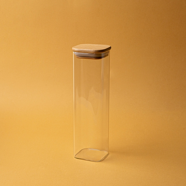 Square Glass Jar With Bamboo Lid 21 x 6 x 6 cm - Transparent / Beige