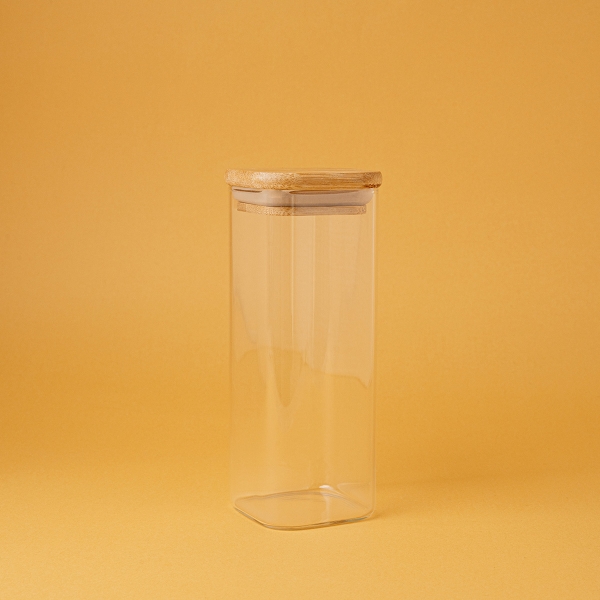 Square Glass Jar With Bamboo Lid 15.5 x 6 x 6 cm - Transparent / Beige