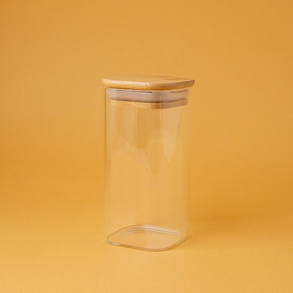 Square Glass Jar With Bamboo Lid 13 x 6 x 6 cm - Transparent / Beige