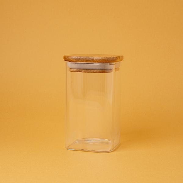 Square Glass Jar With Bamboo Lid 10.5 x 6 x 6 cm - Transparent / Beige