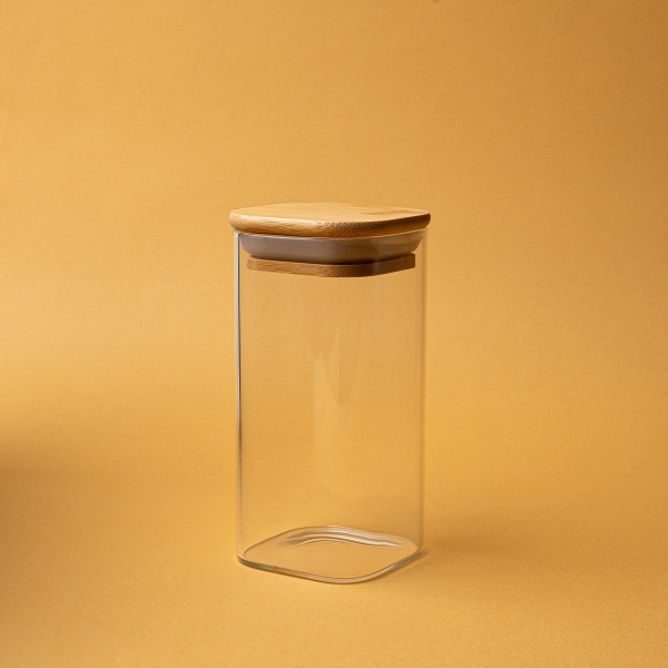 Square Glass Jar With Bamboo Lid 21 x 8 x 8 cm - Transparent / Beige