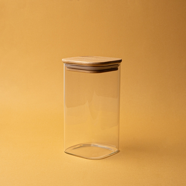 Square Glass Jar With Bamboo Lid 15.5 x 8 x 8 cm - Transparent / Beige