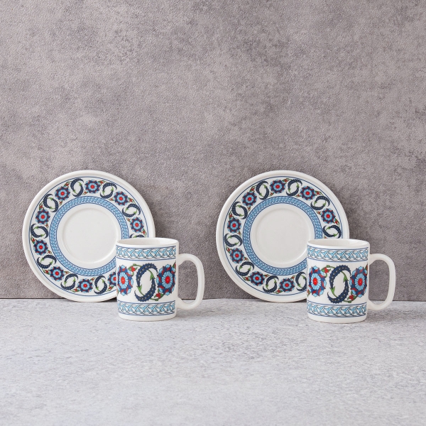 2 Pieces Flora Porcelain Coffee Cup Set 100 ml - Blue / White / Red / Green