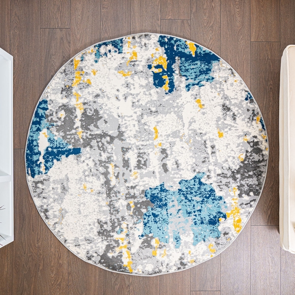 Eco Abstract Mosaic 160 x 160 cm Round Zymta Winter Carpet - Turquoise / Mustard / Grey / Cream