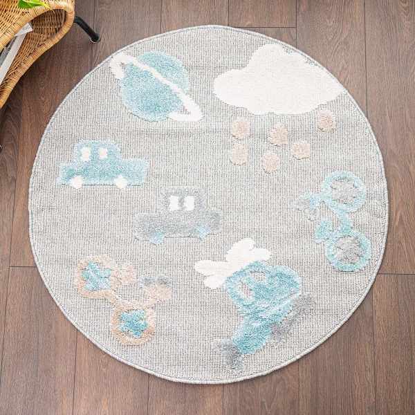 Cloud Round Trip 100 x 100 cm Round Zymta Winter Carpet - Blue / Beige / Cream / Brown