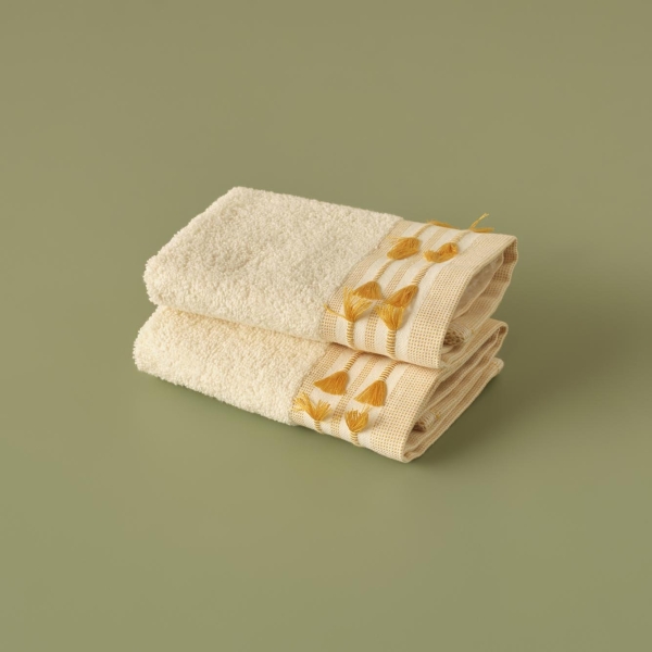 2 Pieces Tassel Cotton Hand Towel Set 30 x 30 cm - Yellow