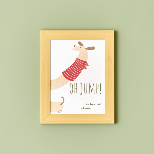Sausage Dog Jump Framed Painting 17 x 23 cm - Yellow