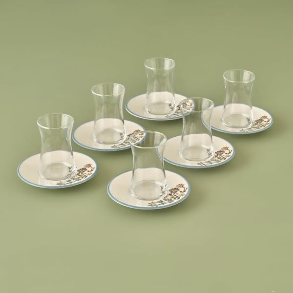 6 Pieces Vintage Tea Glass Set 170 cc - Blue / White / Transparent