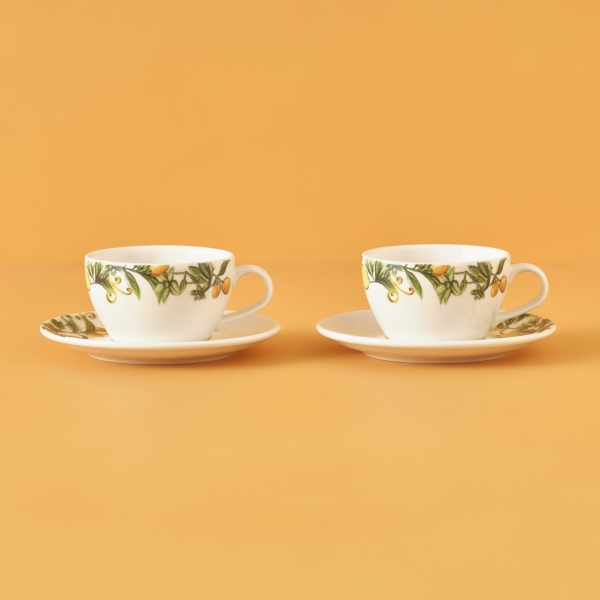 2 Pieces Sicilia Porcelain Teacup Set 270 cc - Green / Orange / White