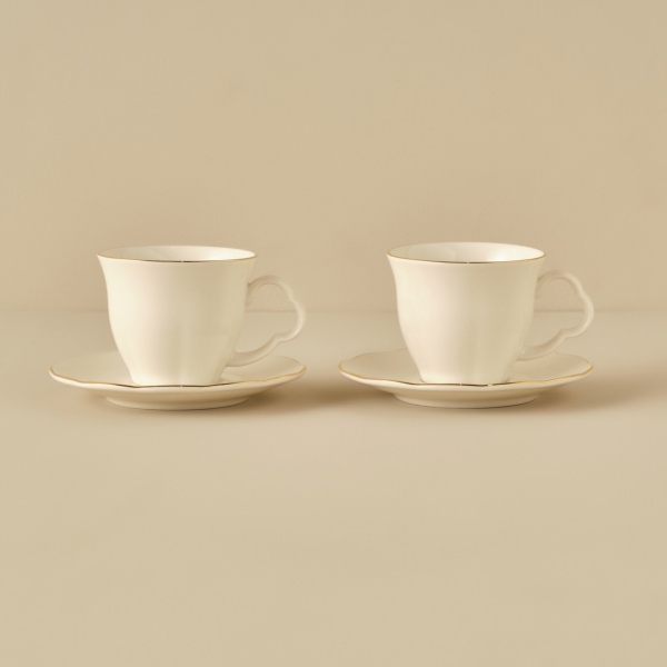 2 Pieces Clover Porcelain Teacup Set 280 cc - Gold / White