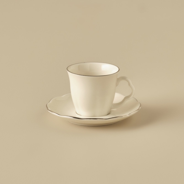 6 Pieces Clover Porcelain Coffee Cups Set 80 cc - Silver / White