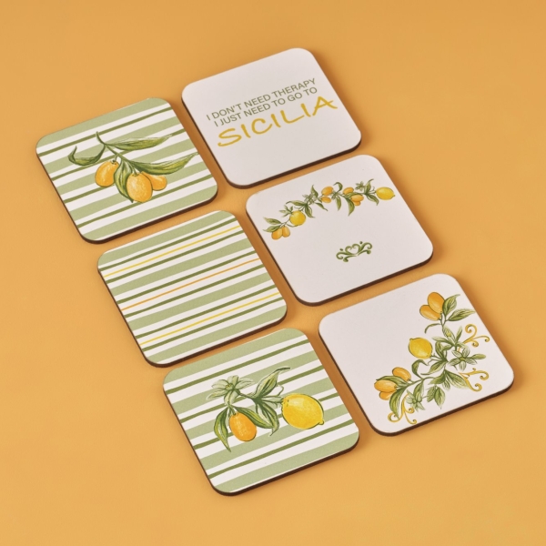 6 Pieces Sicilia Coasters Set 10 x 10 cm - Green / Yellow / White